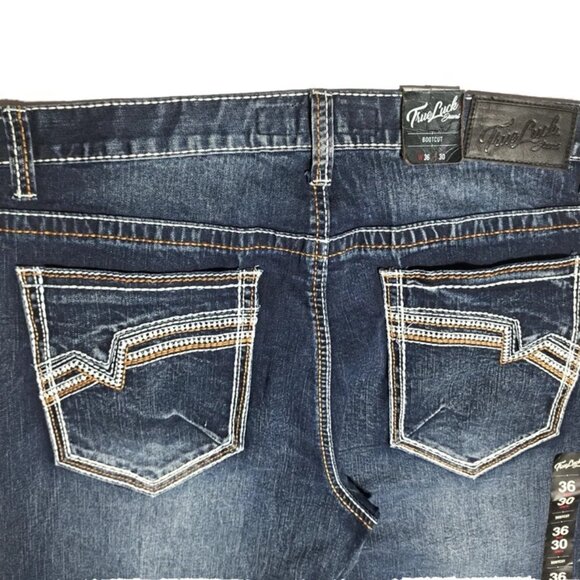 NEW True Luck Jeans Men's 36 X30 Bootcut Classic Stretch Thick Stitch Dark Blast - Picture 10 of 15